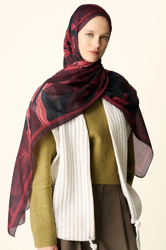 Amora Desenli Pamuk Dokulu Şal - Bordo - 1
