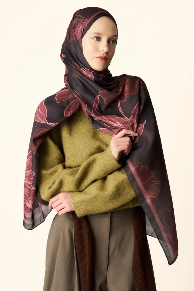 Amora Desenli Pamuk Dokulu Şal - Kahverengi - 1