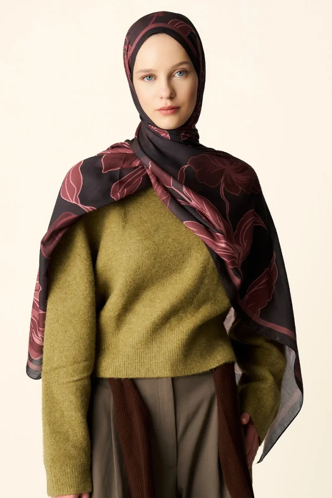 Amora Desenli Pamuk Dokulu Şal - Kahverengi - 2