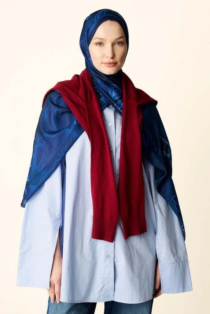 Amora Desenli Pamuk Dokulu Şal - Lacivert - 1
