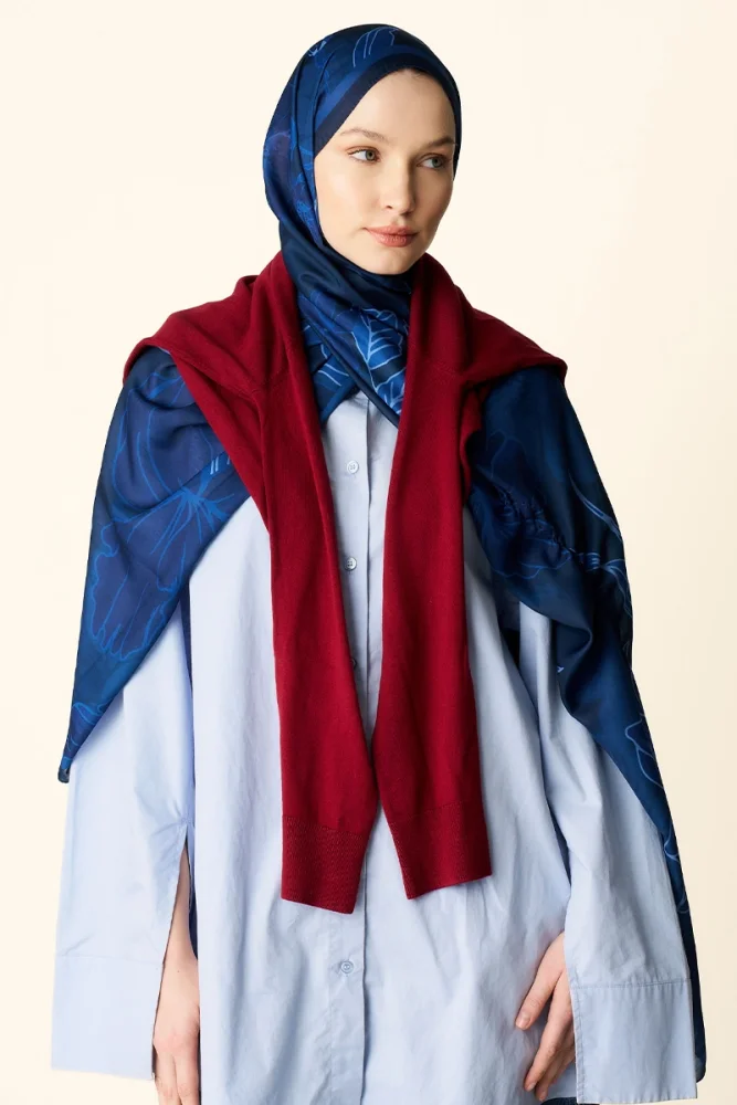 Amora Desenli Pamuk Dokulu Şal - Lacivert - 3
