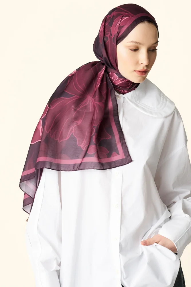 Amora Desenli Pamuk Dokulu Şal - Mürdüm - 2