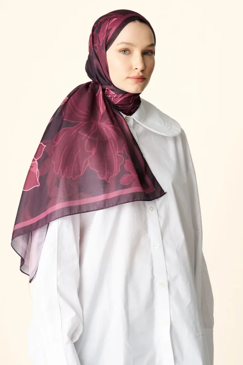 Amora Desenli Pamuk Dokulu Şal - Mürdüm 