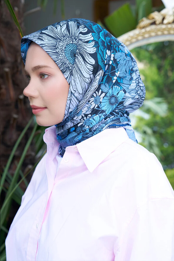 Aria Koleksiyonu Azalea Desen Eşarp - Mavi - MADAME POLO