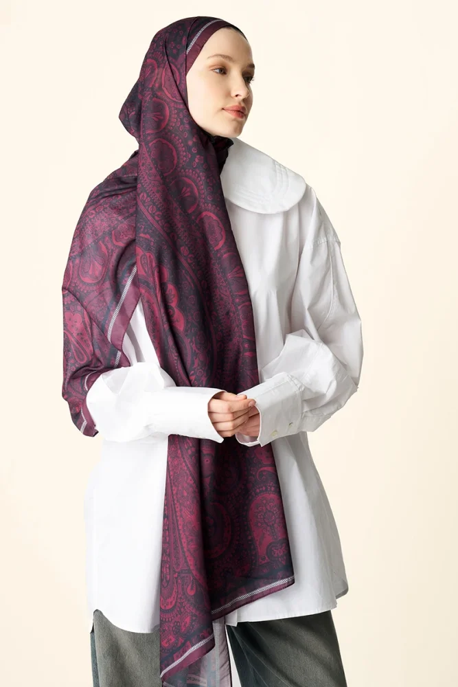 Clara Desenli Pamuk Dokulu Şal - Bordo - 3