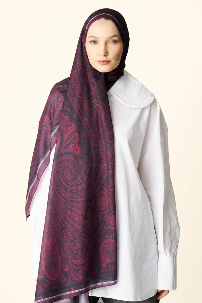 Clara Desenli Pamuk Dokulu Şal - Bordo - 4