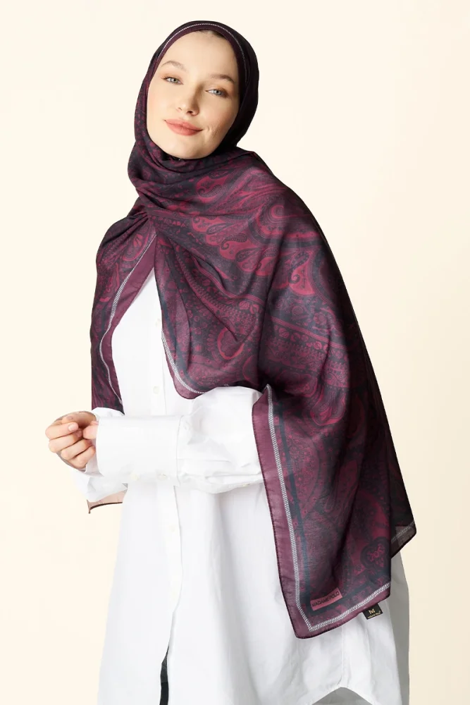 Clara Desenli Pamuk Dokulu Şal - Bordo - 5