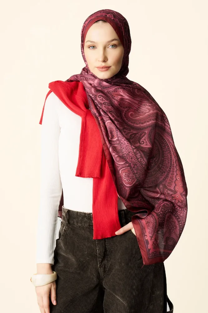 Clara Desenli Pamuk Dokulu Şal - Kırmızı - 1