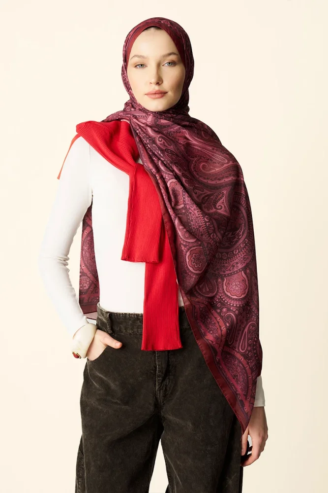 Clara Desenli Pamuk Dokulu Şal - Kırmızı - 3