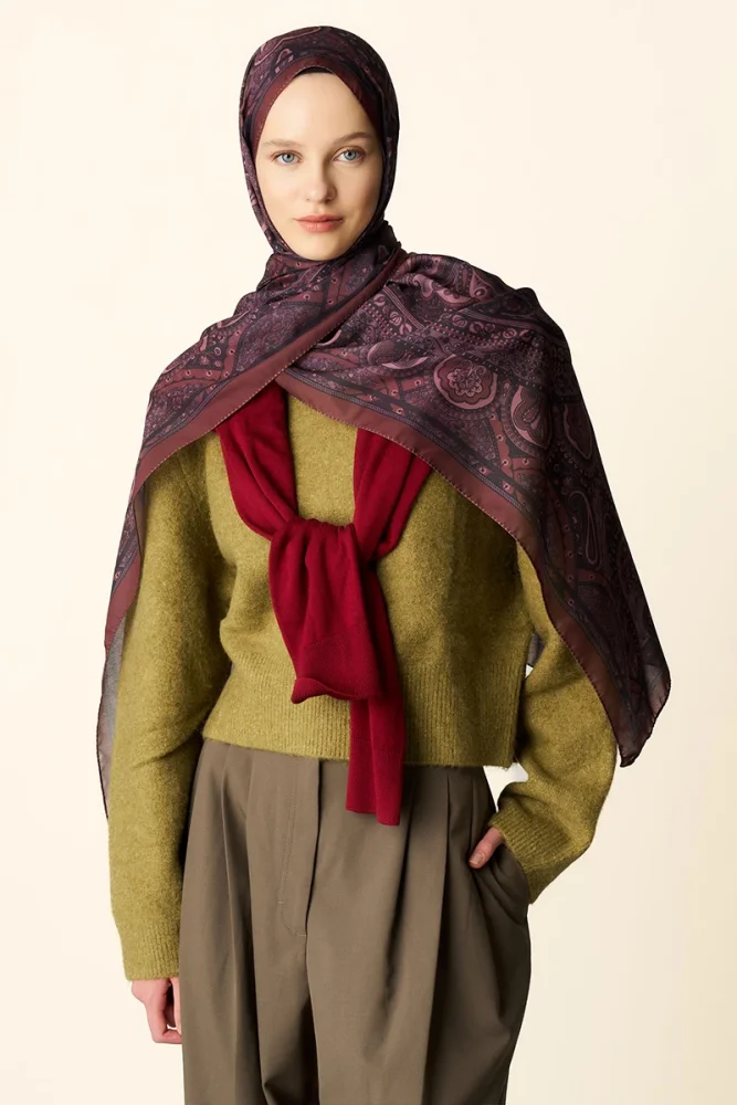 Clara Desenli Pamuk Dokulu Şal - Kızıl Kahve - 1