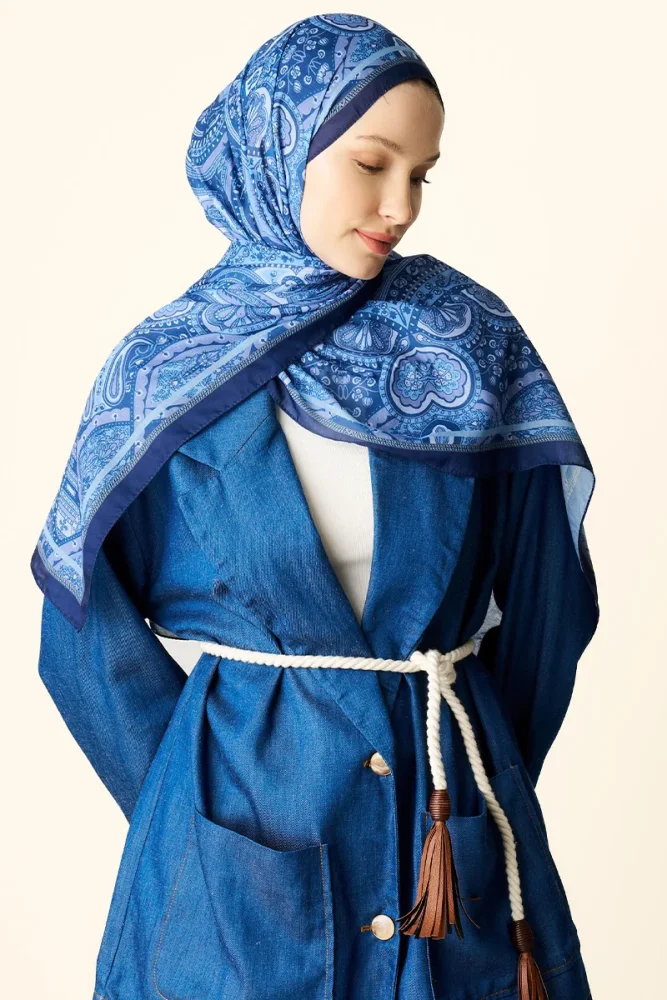 Clara Desenli Pamuk Dokulu Şal - Mavi - 1