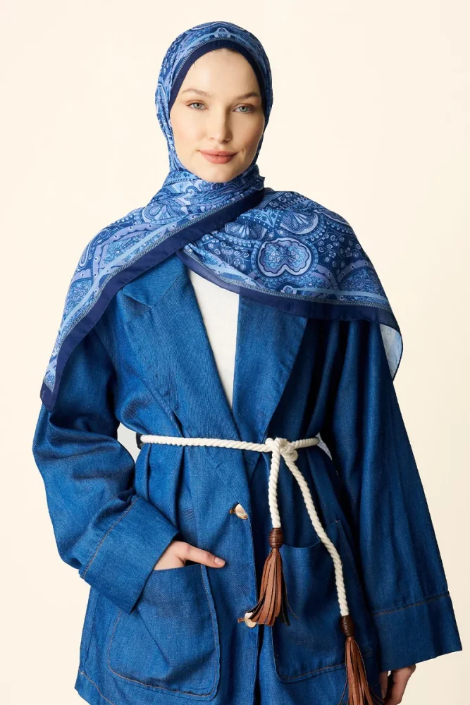 Clara Desenli Pamuk Dokulu Şal - Mavi - 2