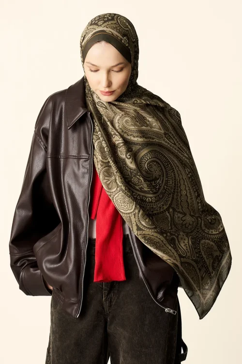 Clara Desenli Pamuk Dokulu Şal - Yağ Yeşili 