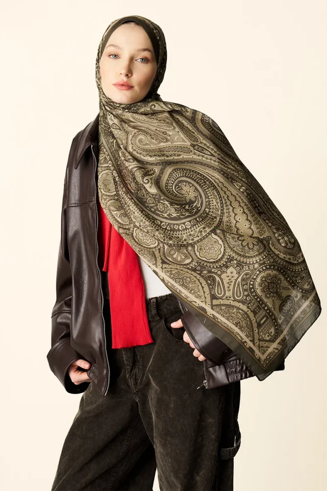 Clara Desenli Pamuk Dokulu Şal - Yağ Yeşili - 2