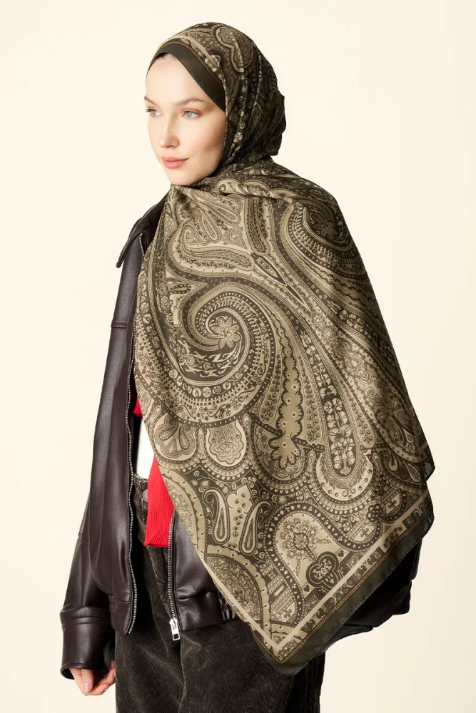 Clara Desenli Pamuk Dokulu Şal - Yağ Yeşili - 3