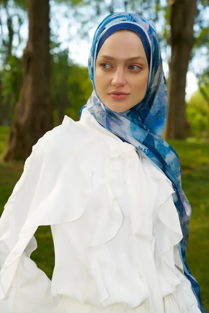 Crystal Flower Desen Şal - Lacivert - 2