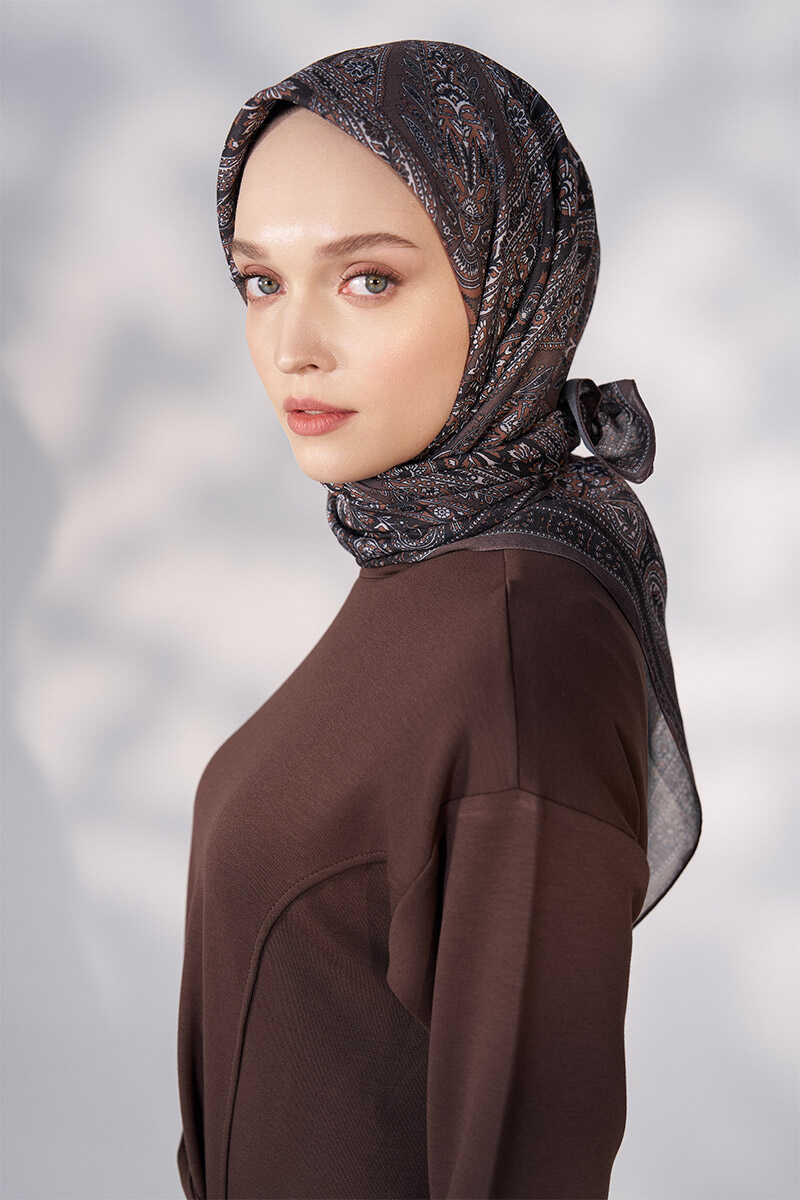 Daisy Glory Desen Eşarp - Kahverengi - MADAME POLO