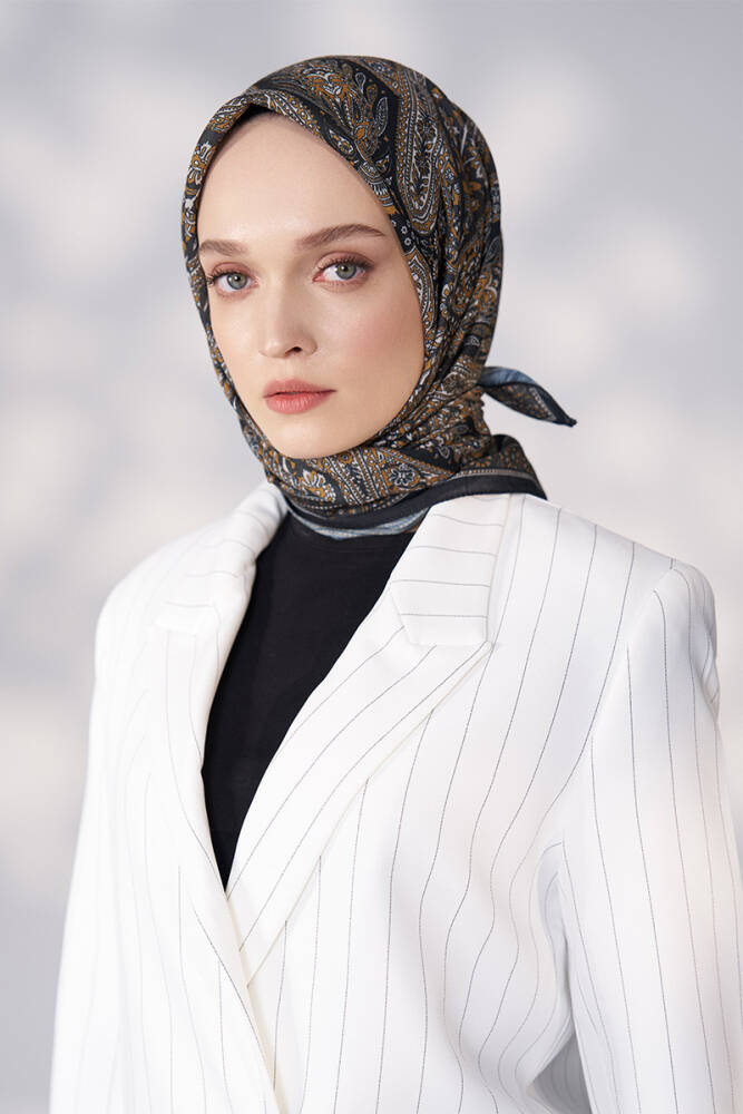 Daisy Glory Desen Eşarp - Siyah / Gold - 4