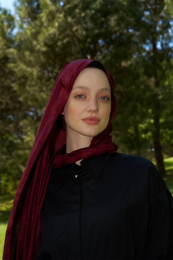 Elegance Etnik Desen Jakar Şal - Bordo - 3