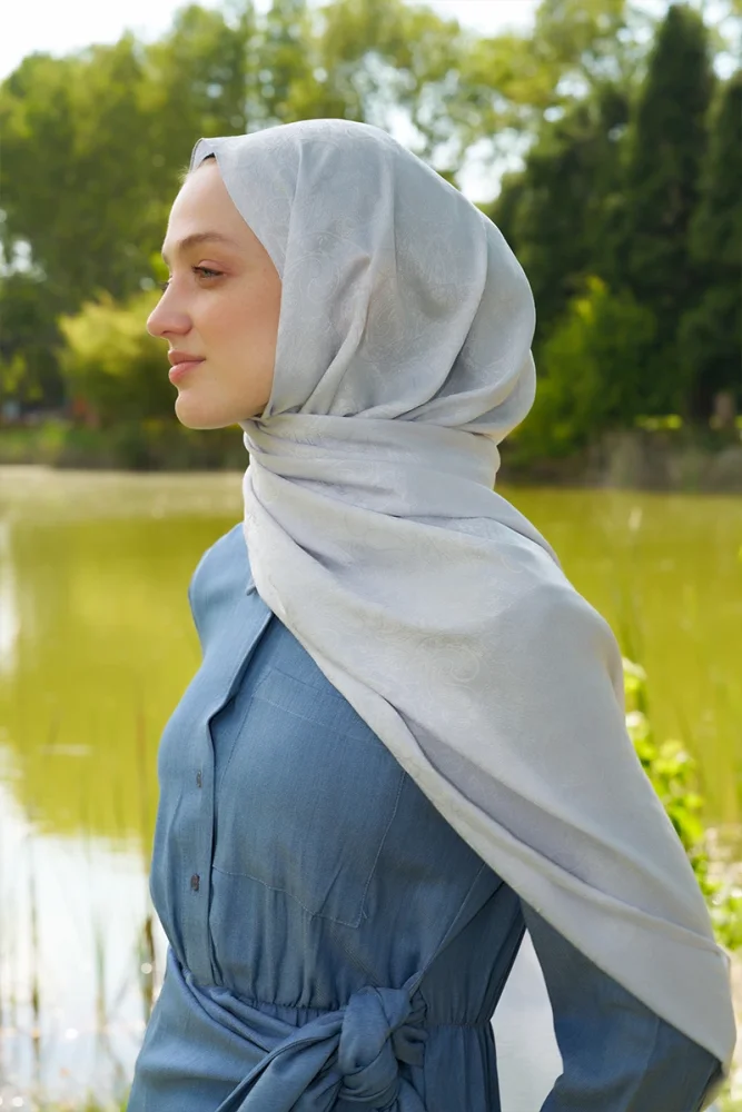 Elegance Etnik Desen Jakar Şal - Gümüş - 3