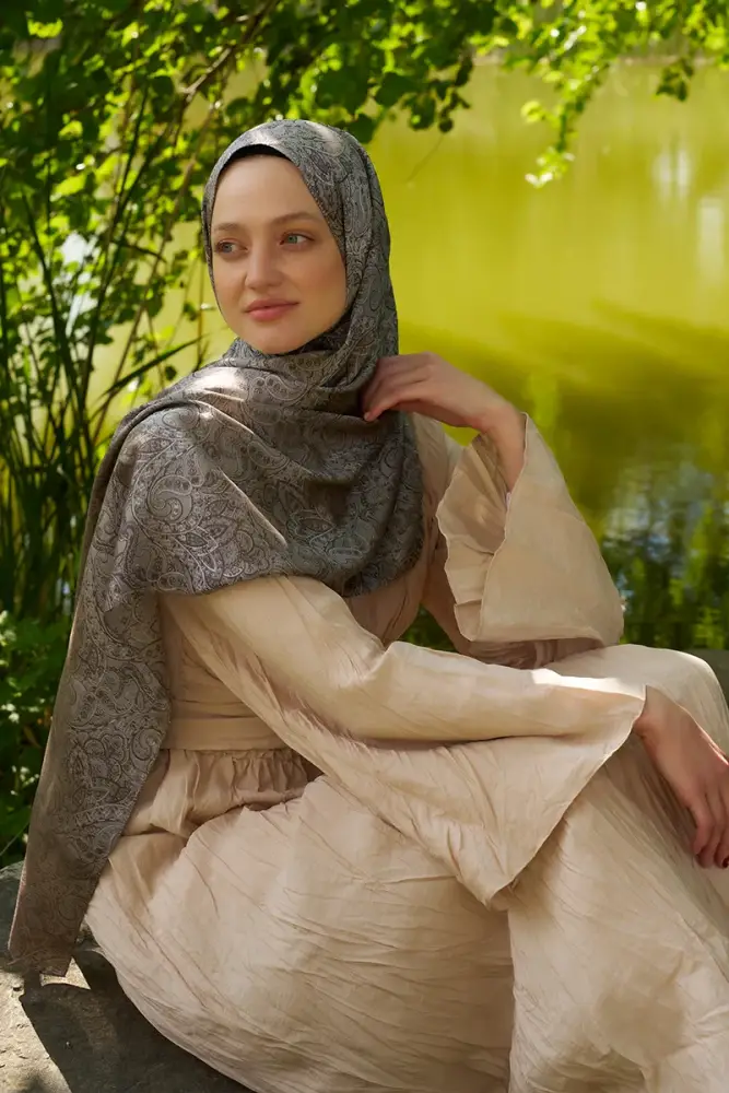 Elegance Etnik Desen Jakar Şal - Kahverengi - 5