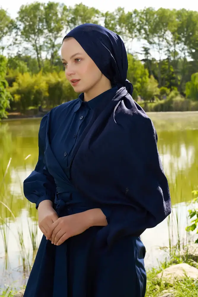 Elegance Etnik Desen Jakar Şal - Lacivert - 3