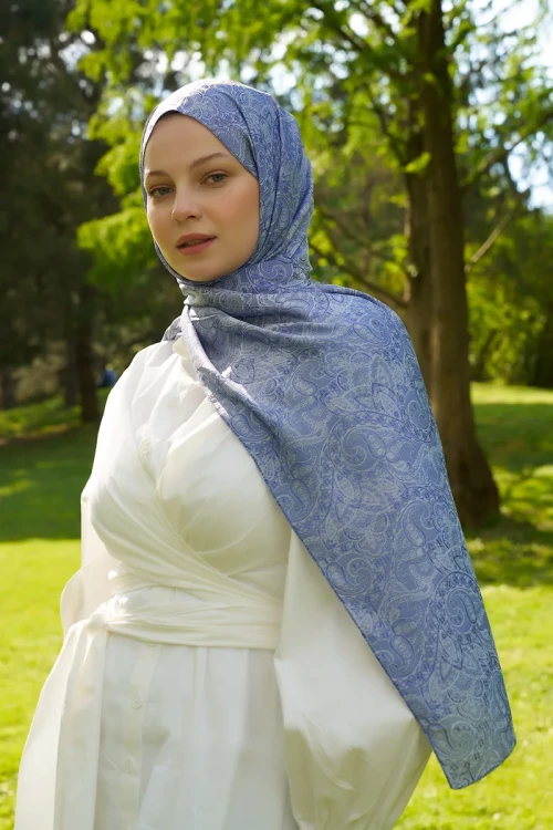 Elegance Etnik Desen Jakar Şal - Mavi 