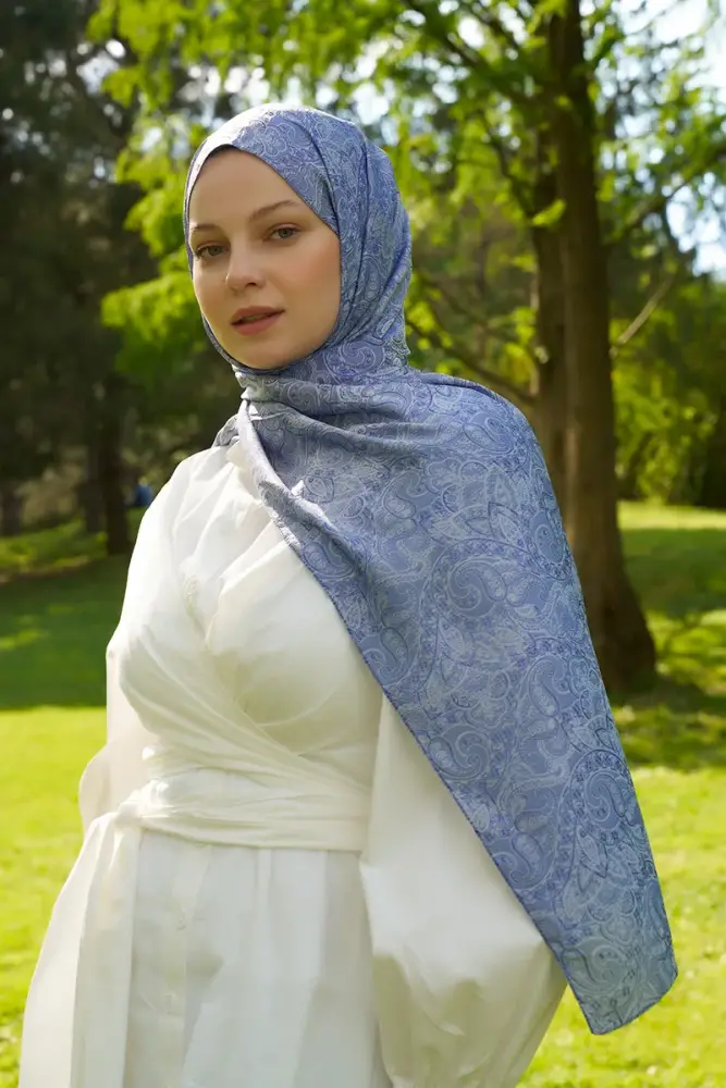 Elegance Etnik Desen Jakar Şal - Mavi - 1
