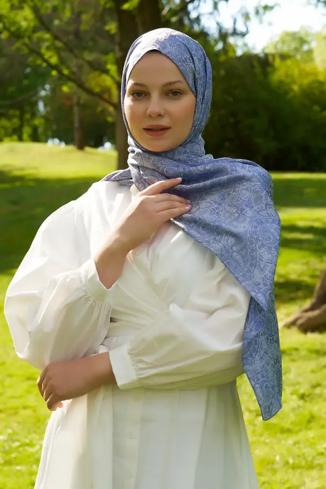 Elegance Etnik Desen Jakar Şal - Mavi - 3