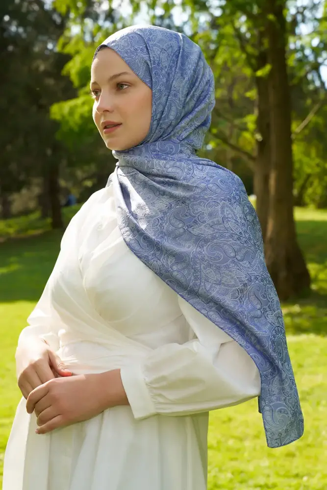 Elegance Etnik Desen Jakar Şal - Mavi - 4
