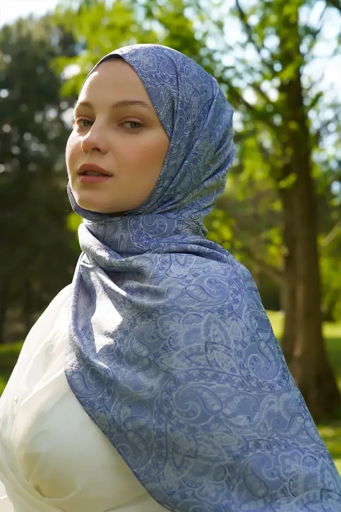 Elegance Etnik Desen Jakar Şal - Mavi - 5