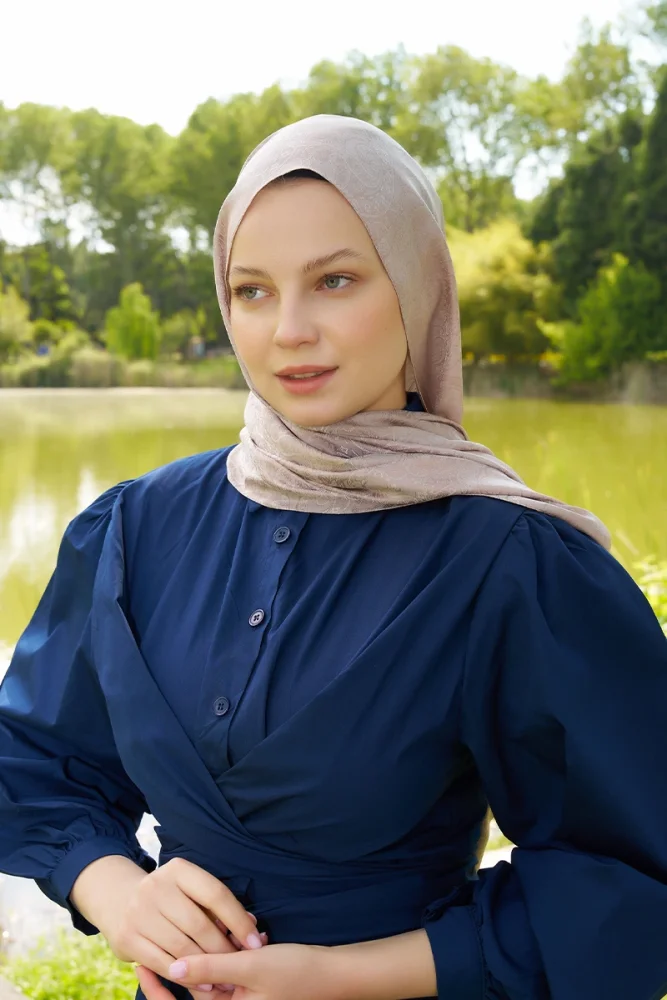 Elegance Etnik Desen Jakar Şal - Pudra - 2