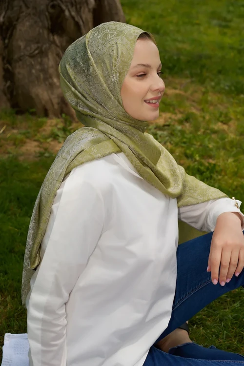 Elegance Etnik Desen Jakar Şal - Yağ Yeşili 