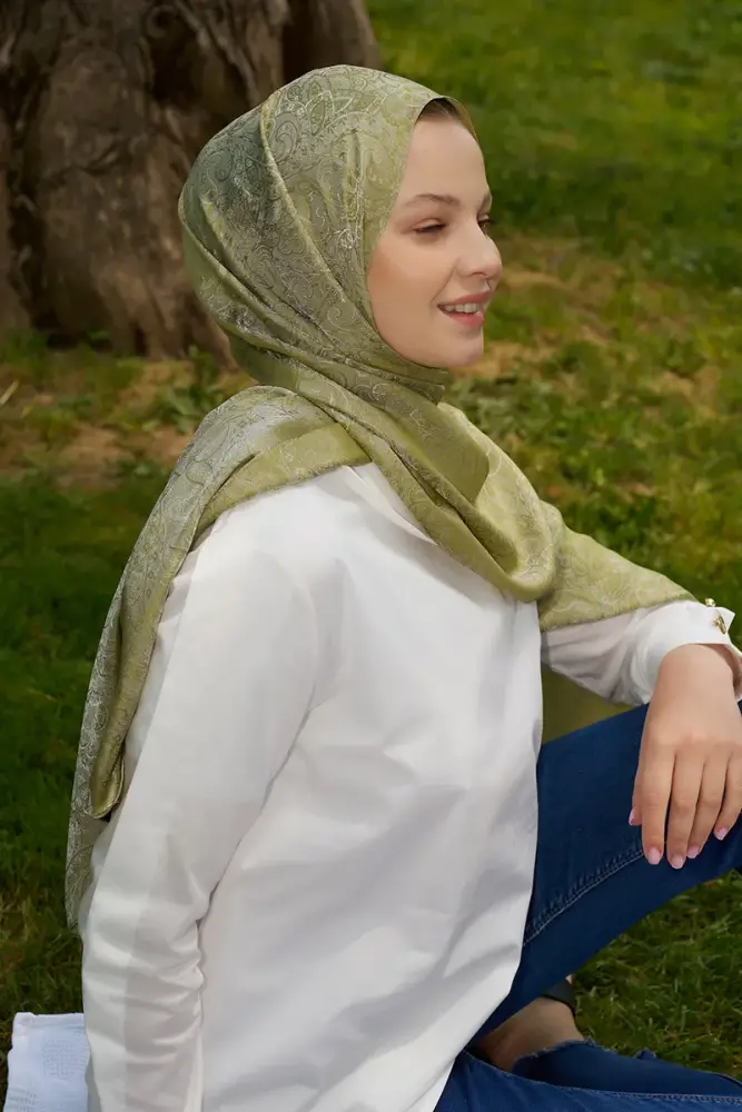 Elegance Etnik Desen Jakar Şal - Yağ Yeşili - 1