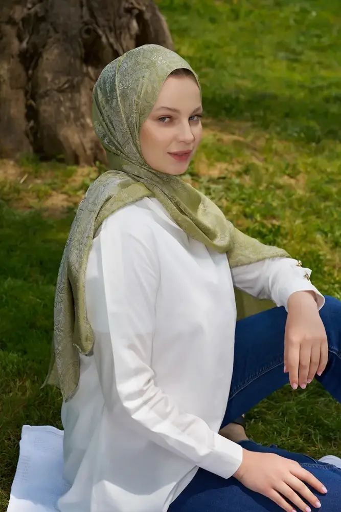 Elegance Etnik Desen Jakar Şal - Yağ Yeşili - 2