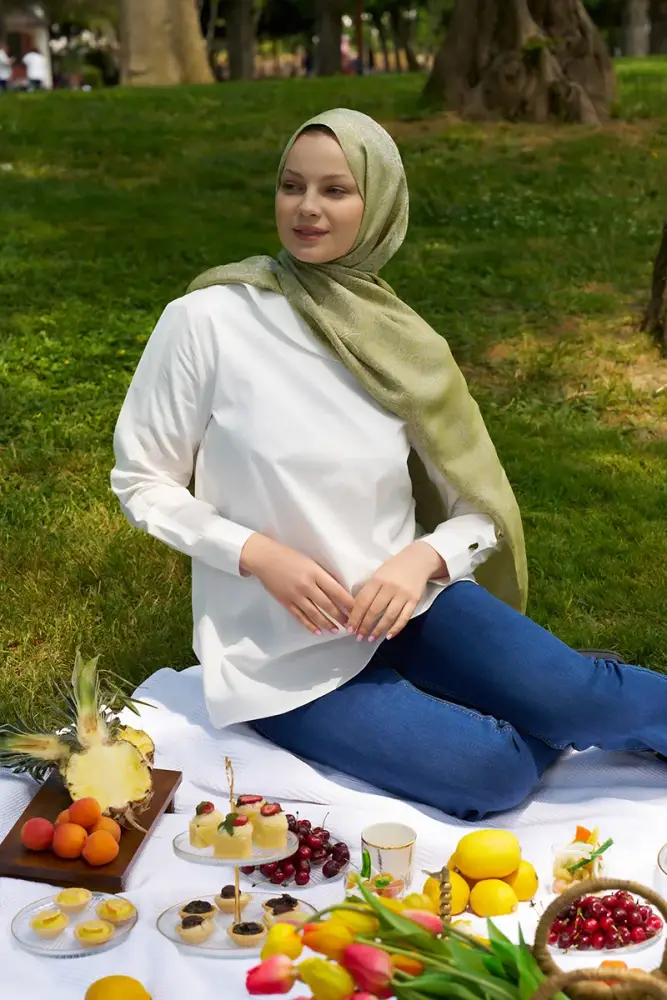 Elegance Etnik Desen Jakar Şal - Yağ Yeşili - 3