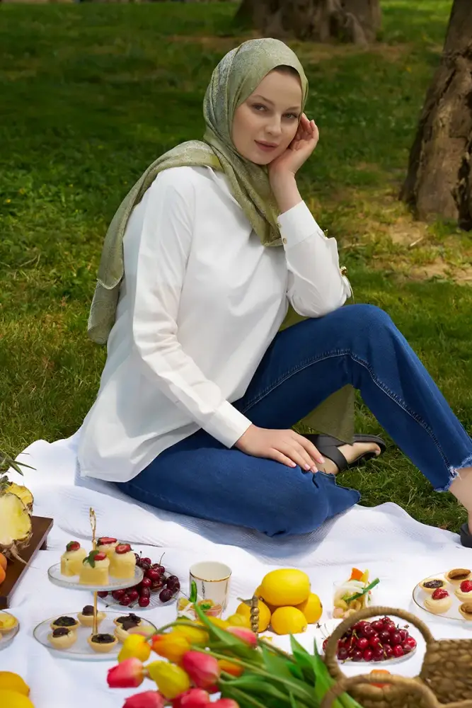 Elegance Etnik Desen Jakar Şal - Yağ Yeşili - 4