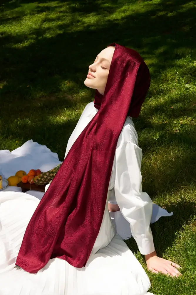 Elegance Lace Desen Jakar Şal - Bordo - 2