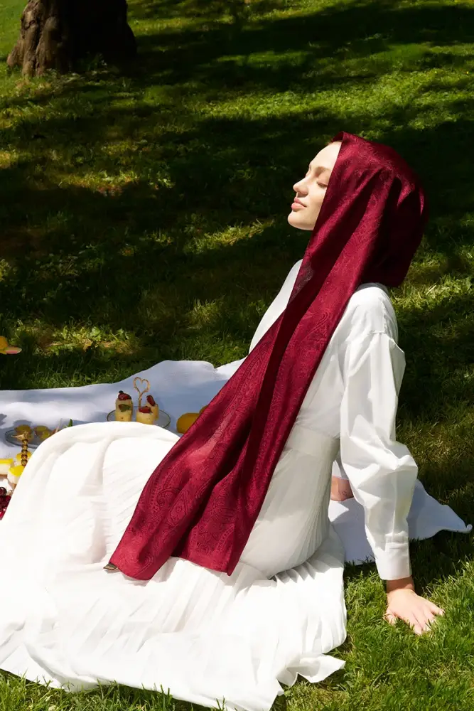 Elegance Lace Desen Jakar Şal - Bordo - 4