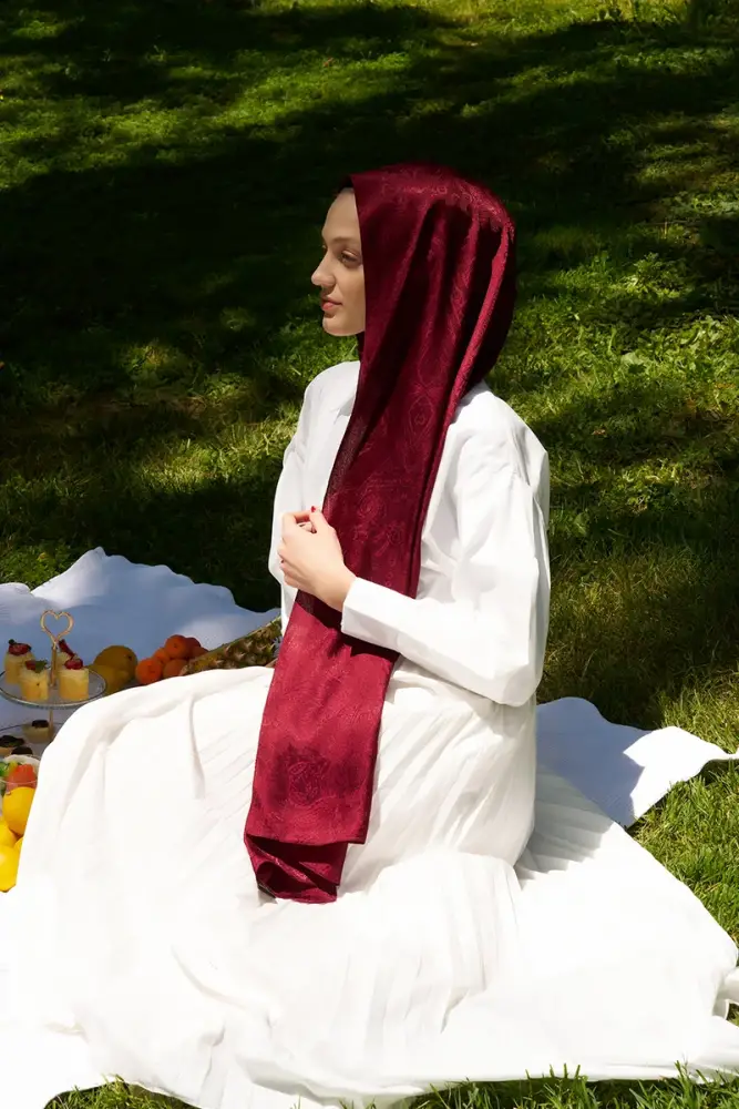 Elegance Lace Desen Jakar Şal - Bordo - 5