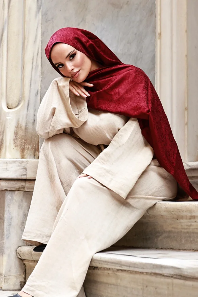 Elegance Lace Desen Jakar Şal - Bordo - 1