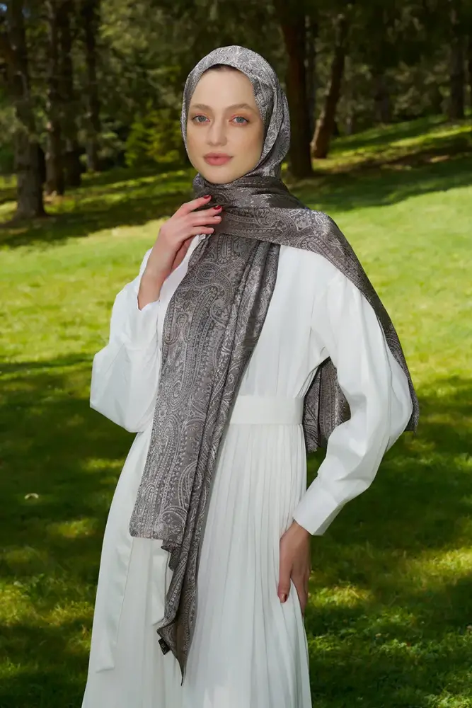 Rabia Hundi Elegance Lace Desen Jakar Şal - Kahverengi - 2