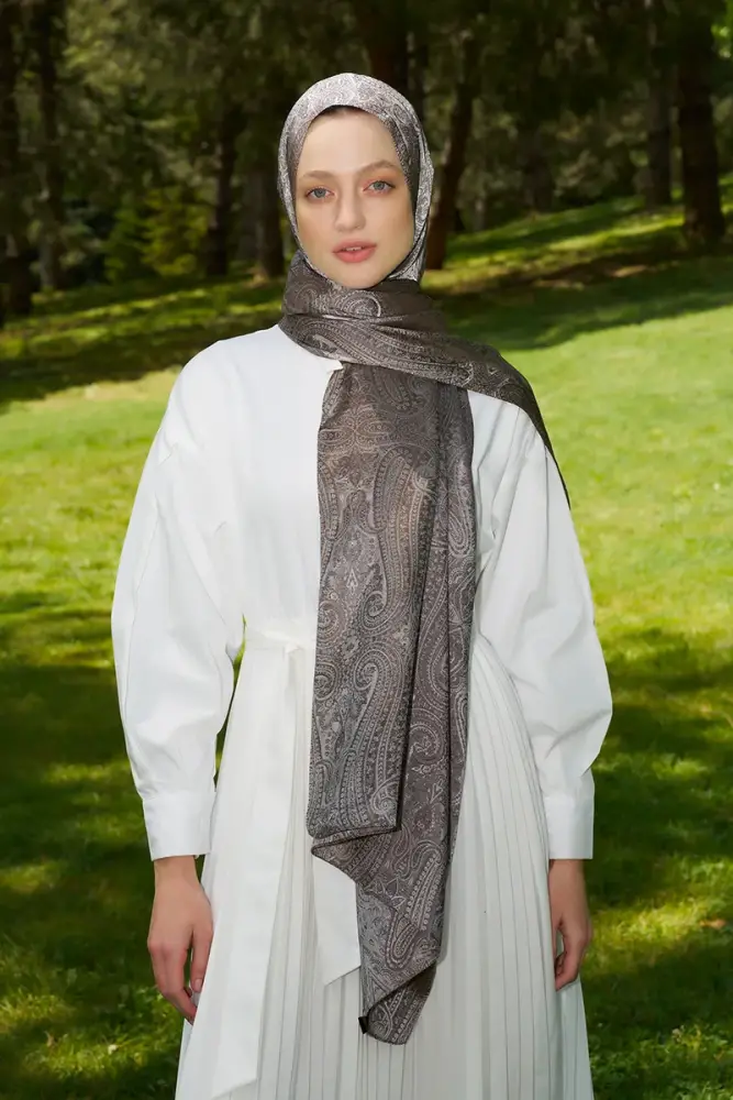 Rabia Hundi Elegance Lace Desen Jakar Şal - Kahverengi - 3