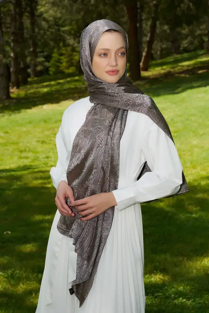 Rabia Hundi Elegance Lace Desen Jakar Şal - Kahverengi - 5