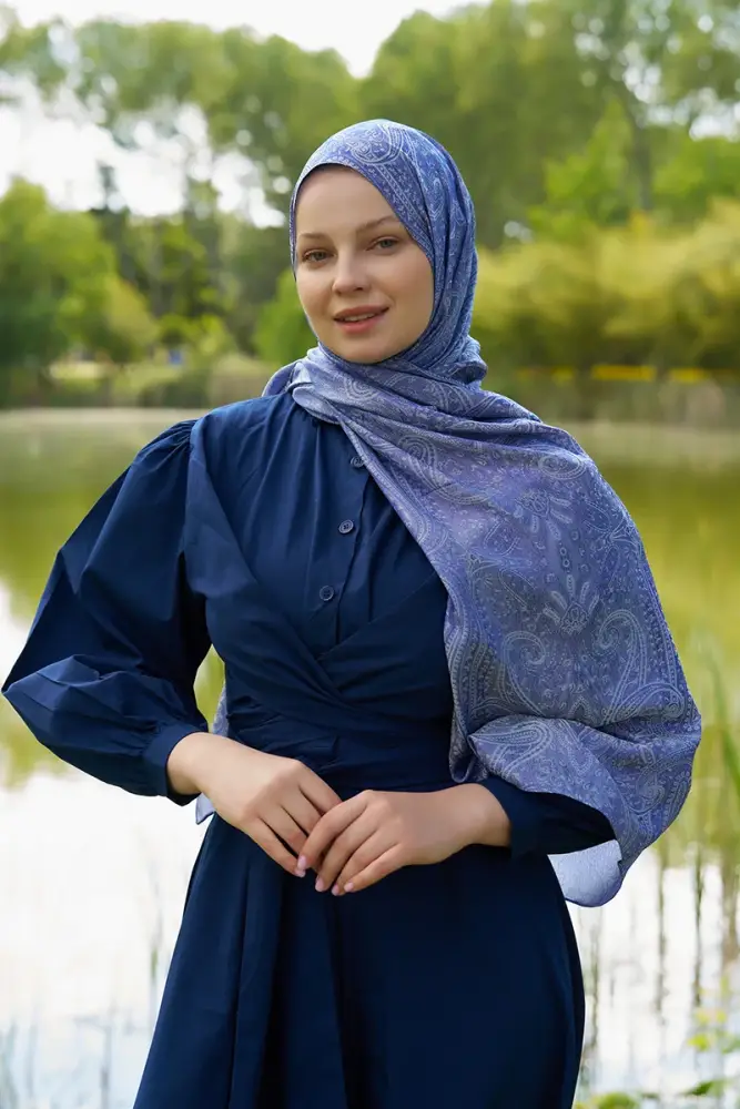 İrem Ceylan Elegance Lace Desen Jakar Şal - Mavi - 2