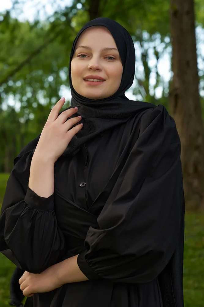 Elegance Lace Desen Jakar Şal - Siyah - 2