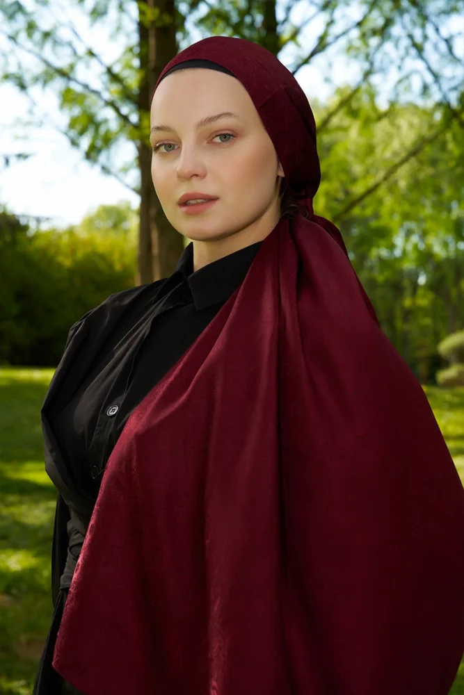 Elegance Silva Desen Jakar Şal - Bordo - 1