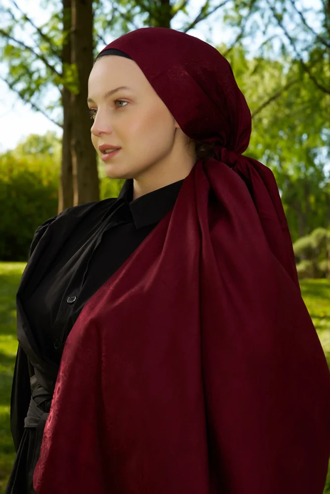 Elegance Silva Desen Jakar Şal - Bordo - 2