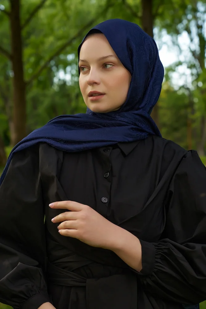 Elegance Silva Desen Jakar Şal - Lacivert - 3