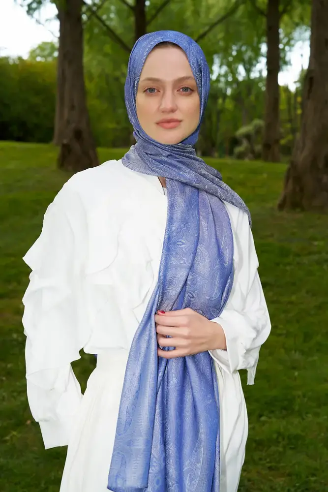 Elegance Silva Desen Jakar Şal - Mavi - 1